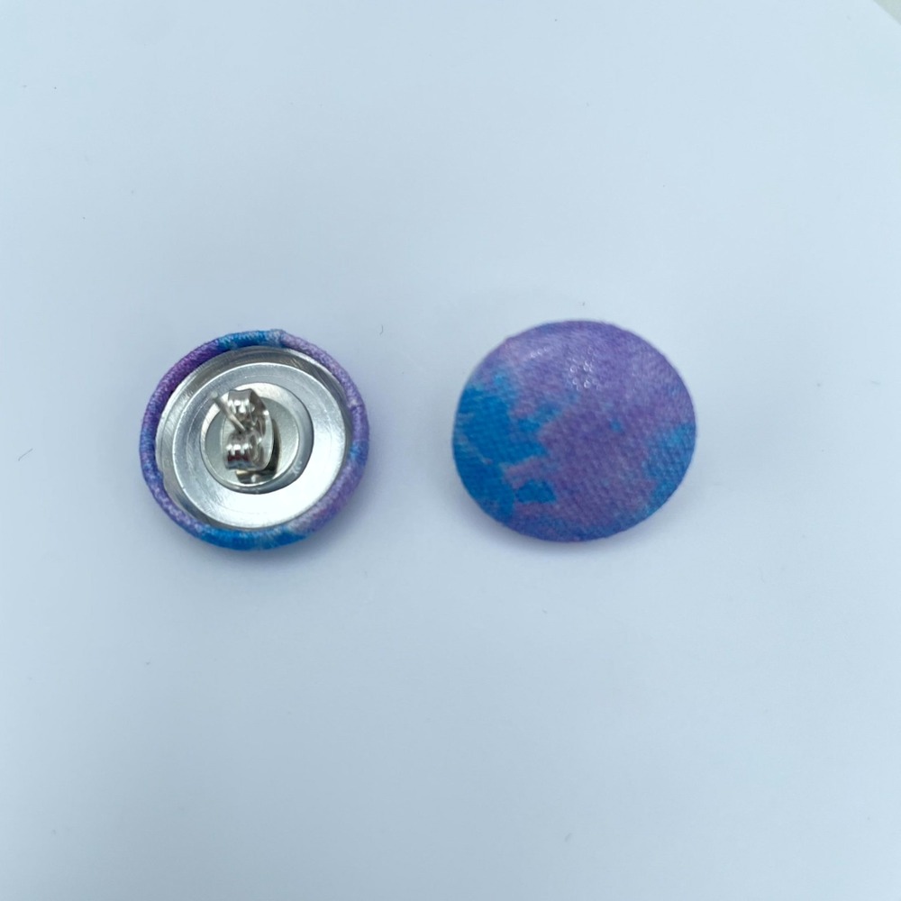 Vintage Blue Purple Tie Dye Fabric Covered Round Button Studs Earrings